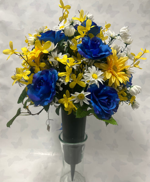 Artificial Cemetery Vase -Royal Blue, White and Yellow