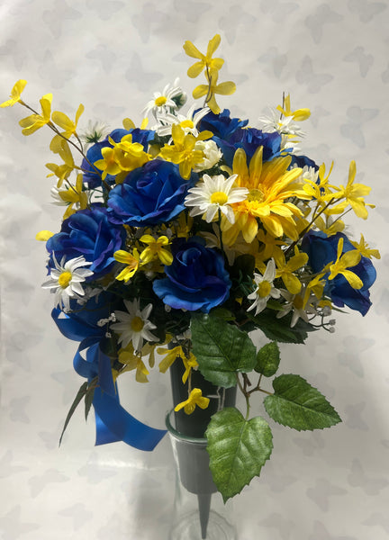 Artificial Cemetery Vase -Royal Blue, White and Yellow