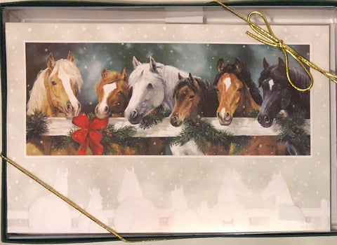 Boxed Christmas Card "Horses at fence "