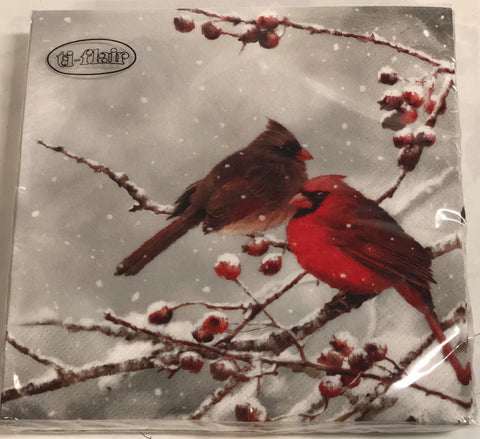 Luncheon Napkin- Cardinal Birds on Snowy Branch