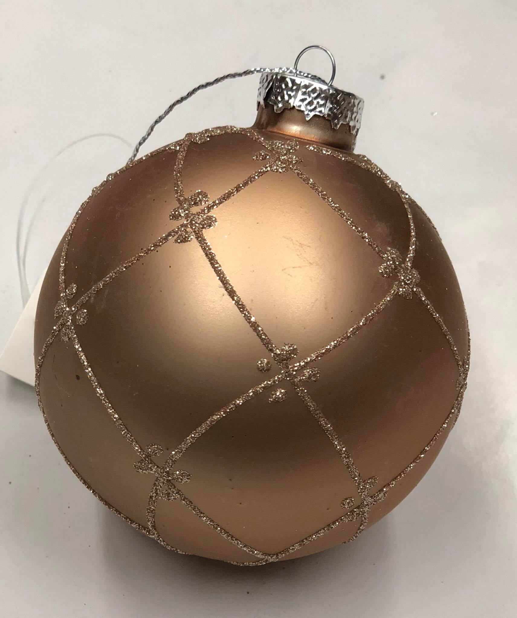 Glass champagne gold tree ornament- glitter criss cross