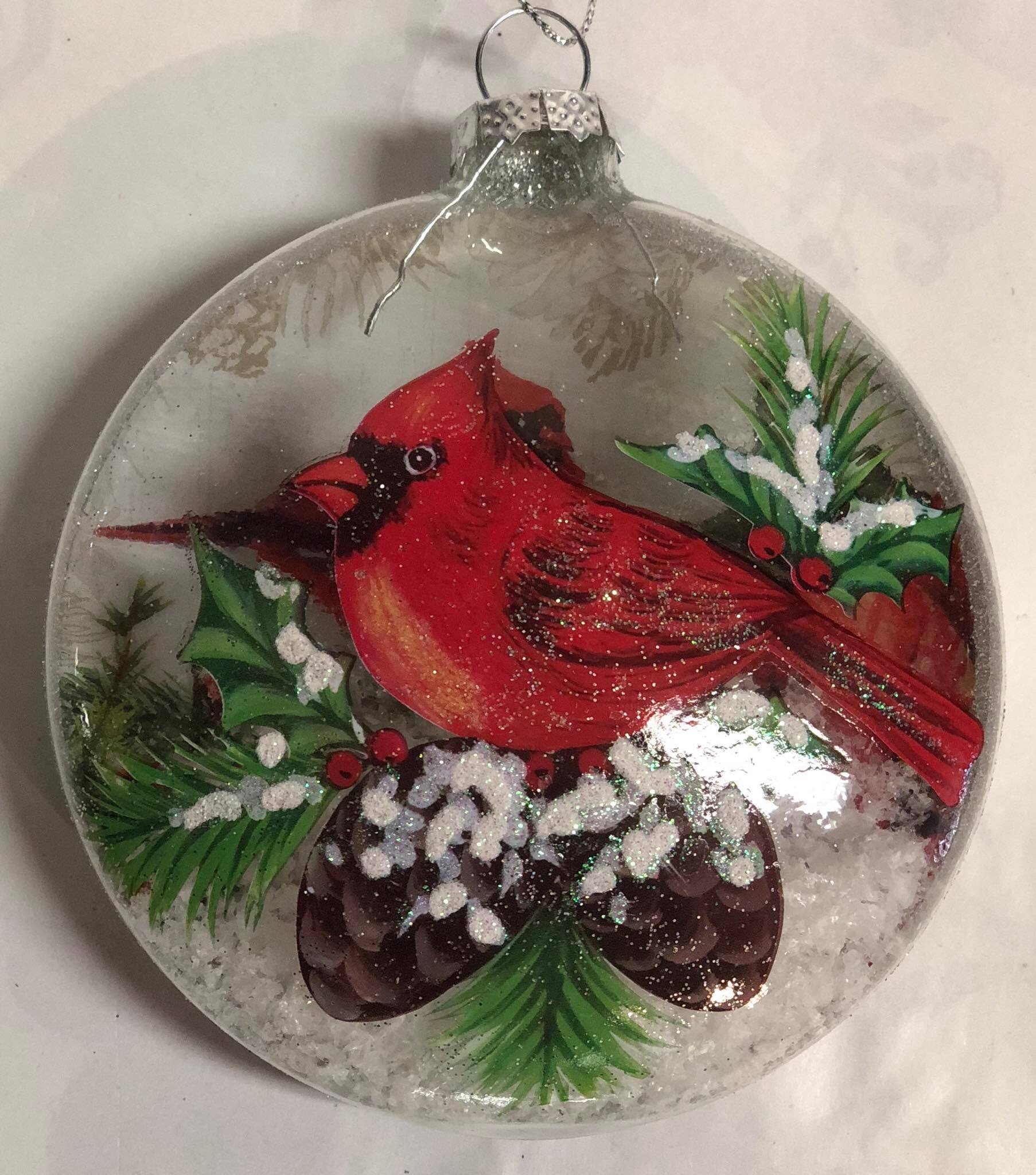 Glass flat tree ornament "Cardinal with pinecones"