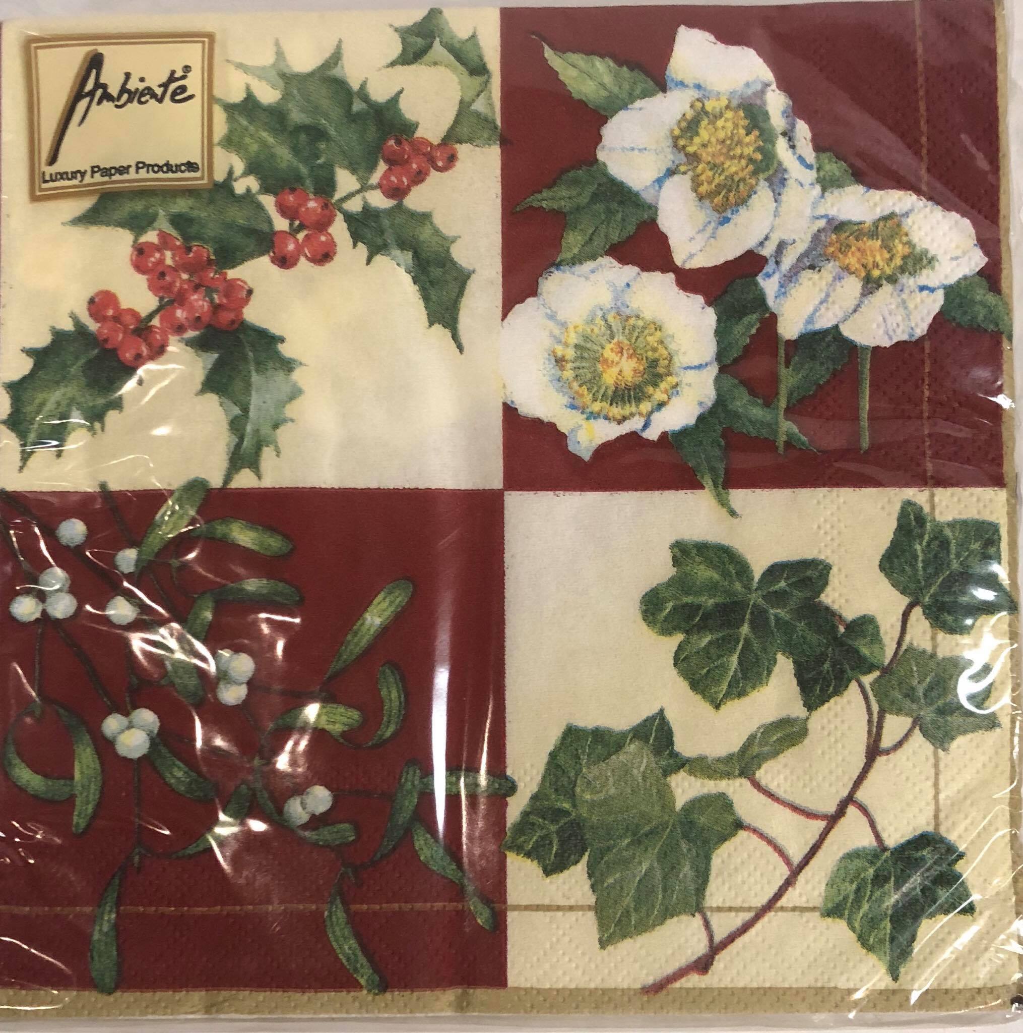 Luncheon Napkin- Flower and Leaves- Red