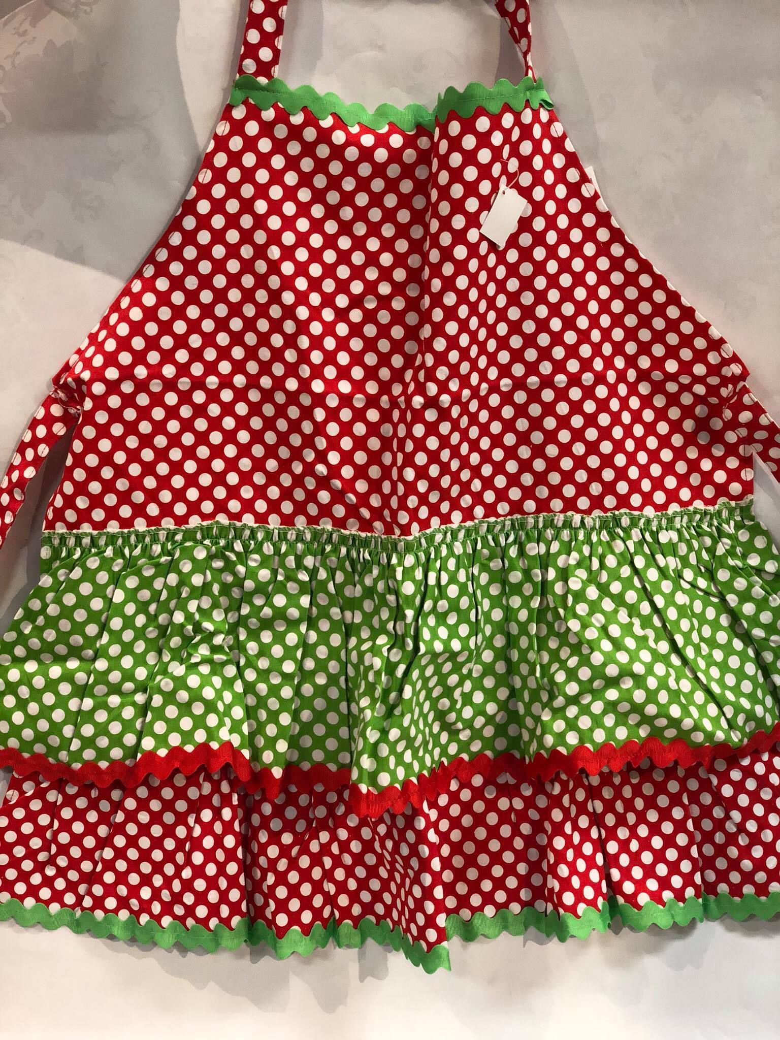 Ruffled red/ lime green polka dot apron