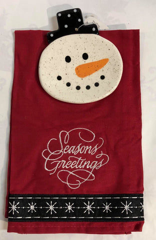 Snowman tea towel with soap dish- top hat