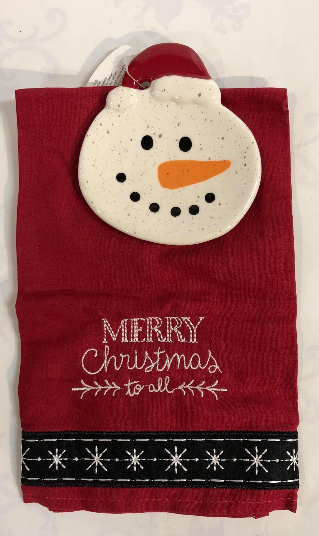 Snowman tea towel with soap dish- Santa hat