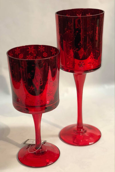 Red glass candle holder with snowflakes