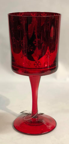 Red glass candle holder with snowflakes