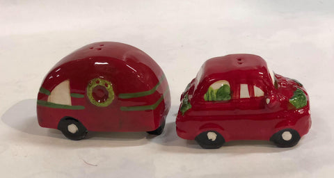 Red car with trailer salt and pepper set