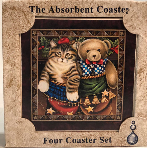 Absorbent stone coaster Cat and bear in stockings