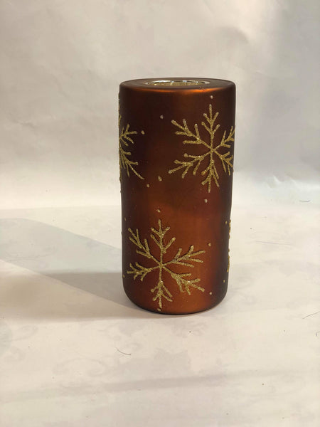 Brown tea light candle holder with gold snowflakes