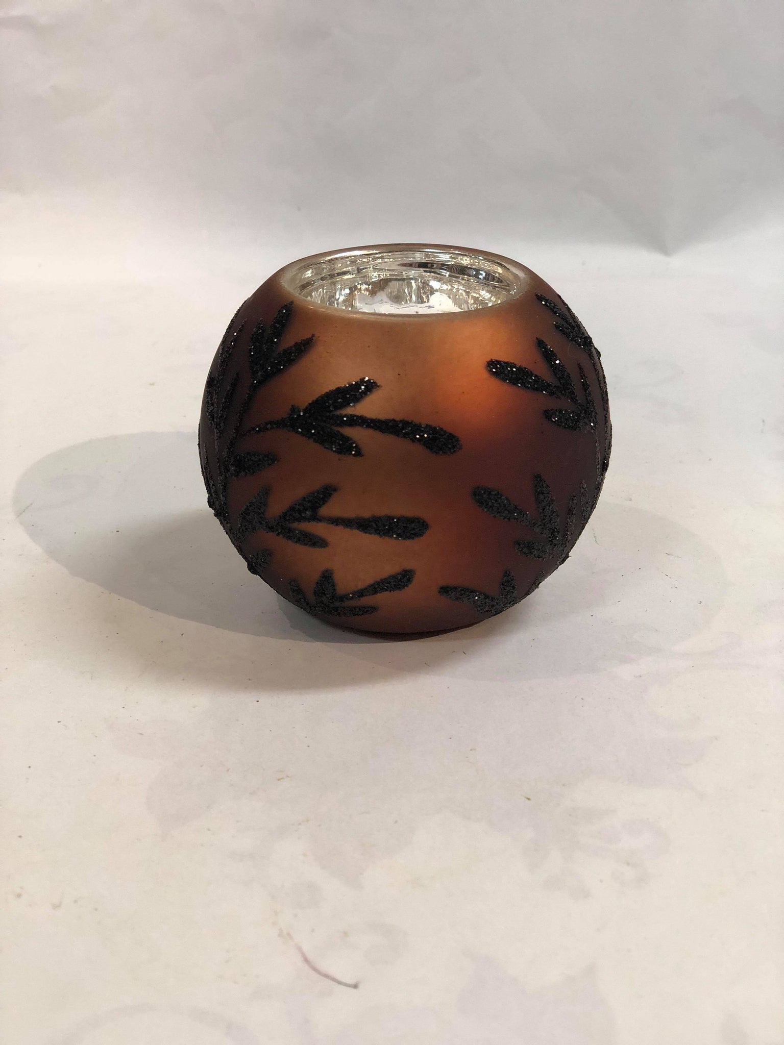 Brown glass tea light candle holder -black sparkles