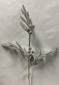 Glitter Leaf With Berry Stem -Silver