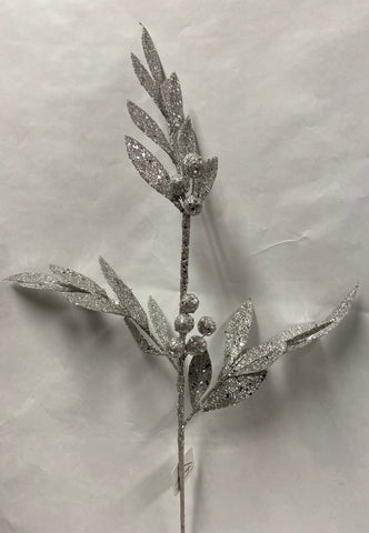Glitter Leaf With Berry Stem -Silver