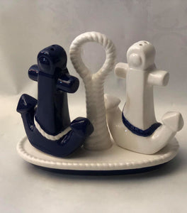 Ceramic anchor salt and pepper set with base