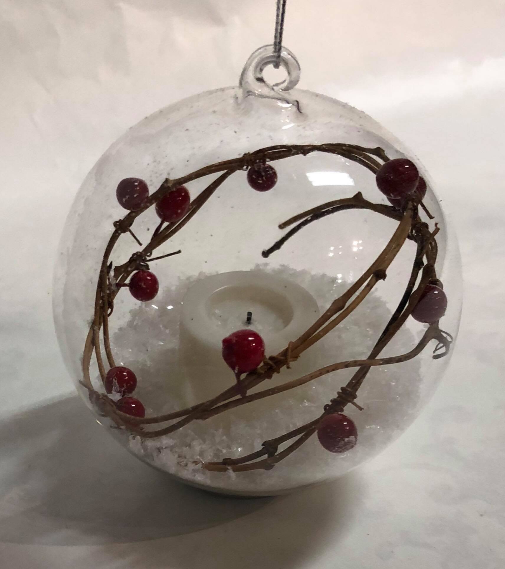 Glass Ornament with white candle -snow, red berries and branches