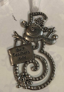 Snowman with sign Tree Ornament "Best Teacher's Aid"