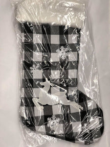 White and black buffalo plaid stocking- deer and snowflakes