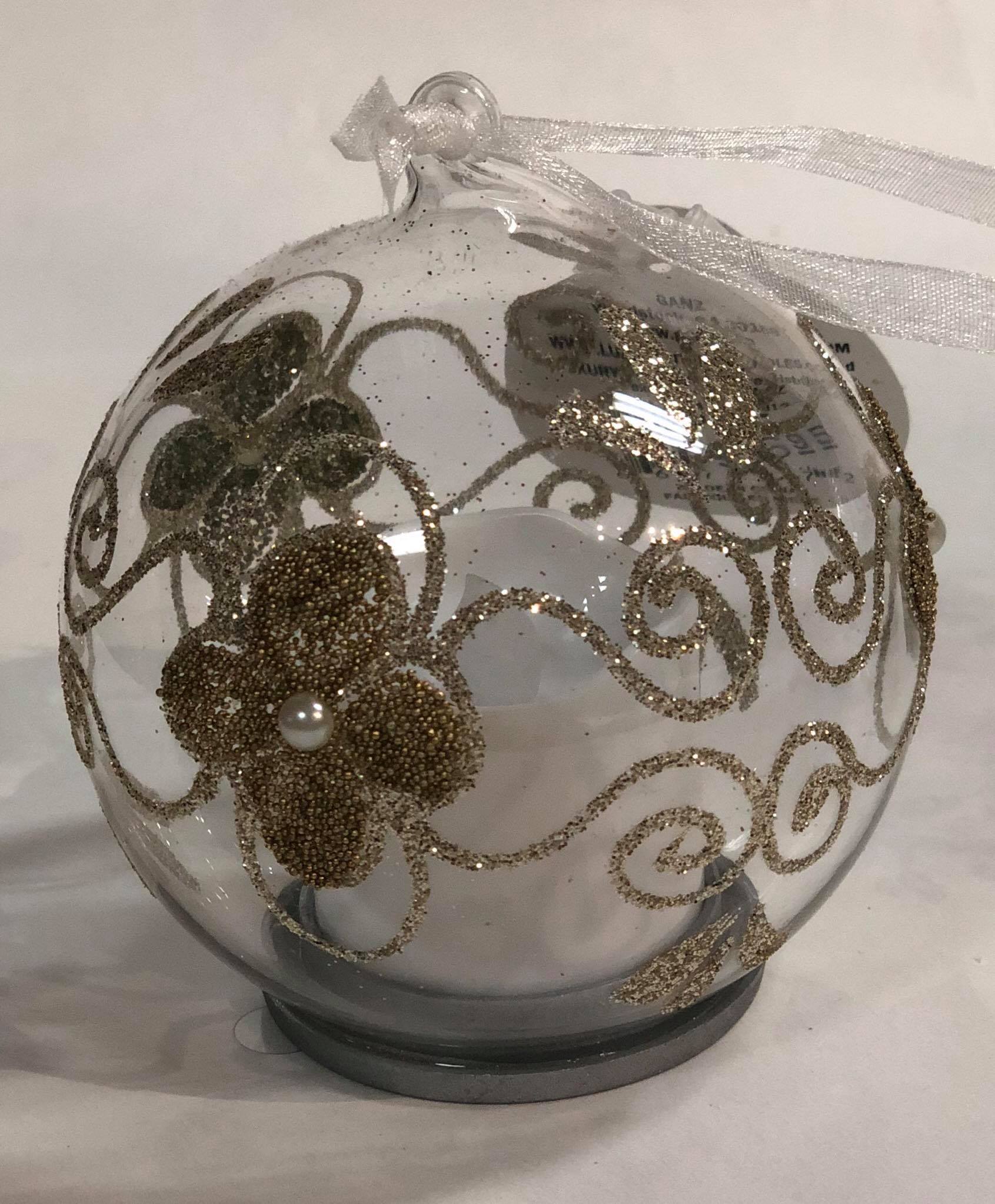 Glass Ornament with white candle -champagne colour flowers/ pearl centre