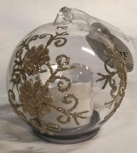 Glass Ornament with white candle -champange colour swirls/ flowers
