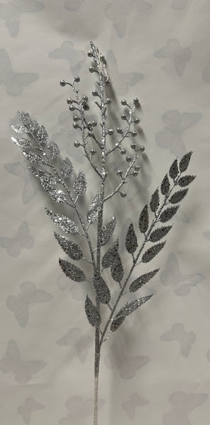 Glitter Smilax/Berry Spray -Silver
