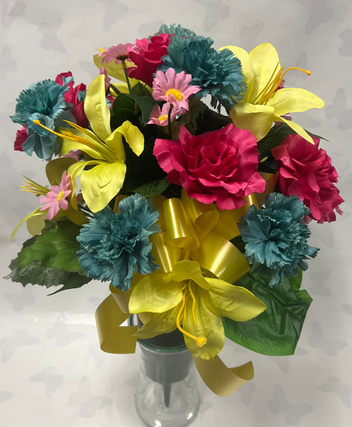 Artificial Cemetery Vase -Yellow, Hot Pink, Turquoise and Soft Pink
