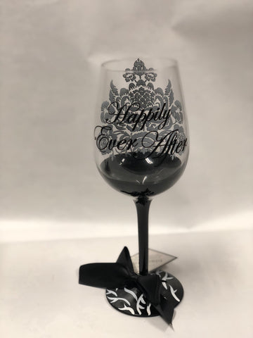 Elegant Black Ink Wine Glass “Ever After”