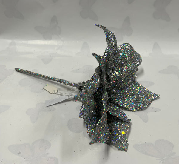 Christmas Pick- Silver Glitter Poinsettia