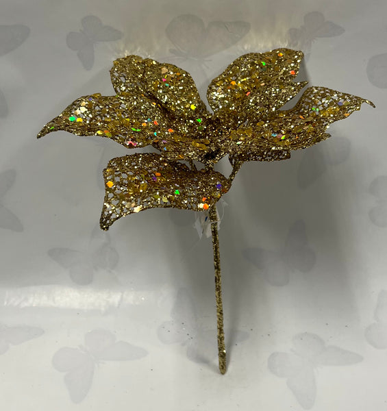 Christmas Pick- Gold Glitter Poinsettia