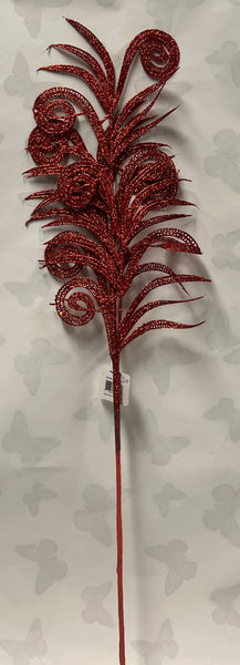 Glitter Curly Fern Leaf Spray -Red