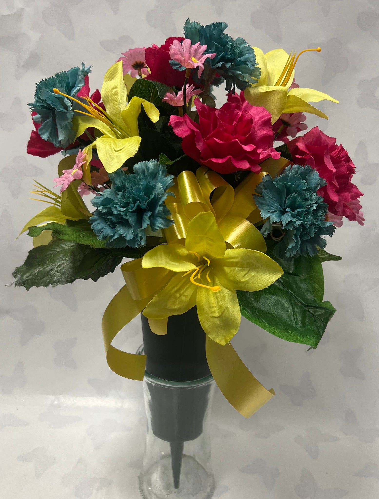 Artificial Cemetery Vase -Yellow, Hot Pink, Turquoise and Soft Pink