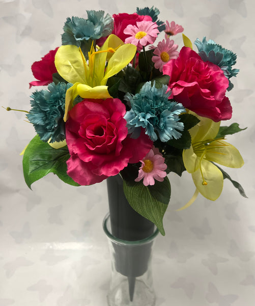 Artificial Cemetery Vase -Yellow, Hot Pink, Turquoise and Soft Pink