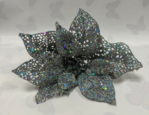 Christmas Pick- Silver Glitter Poinsettia