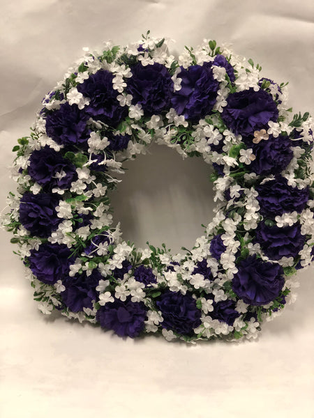 Artificial Memorial / Cemetery Wreath -Dark Purple and White