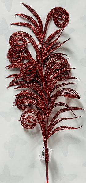 Glitter Curly Fern Leaf Spray -Red