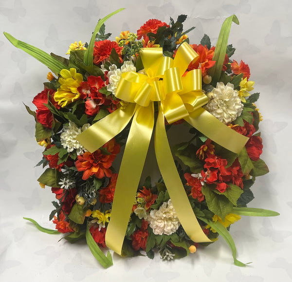 Artificial Memorial / Cemetery Wreath -Red, Orange, Yellow and Cream