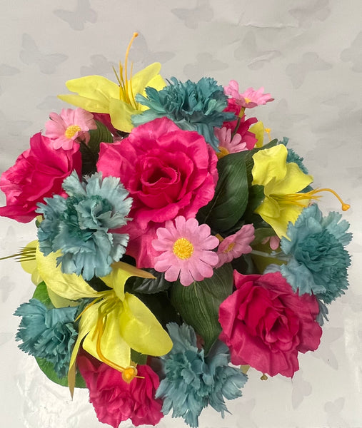 Artificial Cemetery Vase -Yellow, Hot Pink, Turquoise and Soft Pink