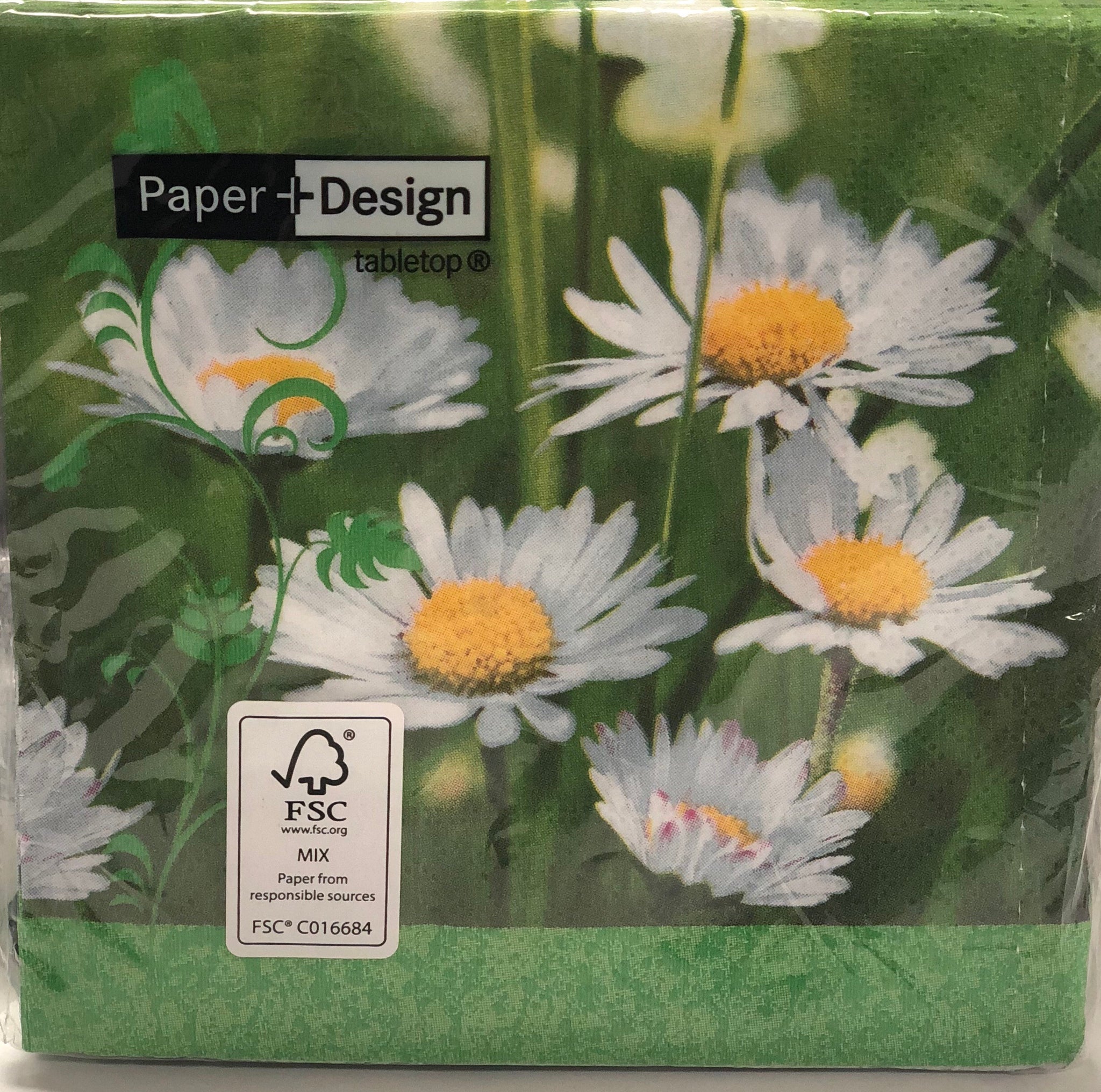 Cocktail Napkin- Daisies on green