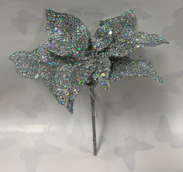 Christmas Pick- Silver Glitter Poinsettia