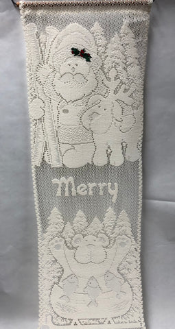 Santa & Friends With Holly -Lace Wall Hanging -Ecru