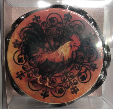 Coaster Set With Caddy -Rooster
