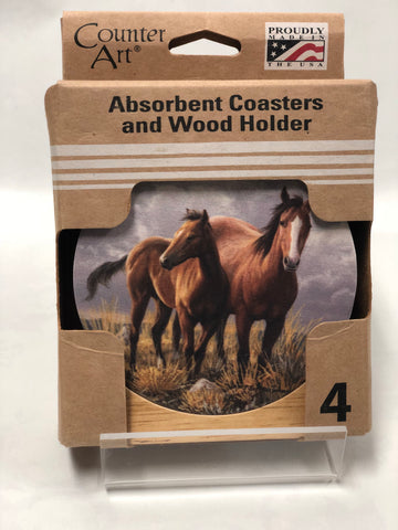 Absorbent Stone Coaster With Holder -Horse Pair