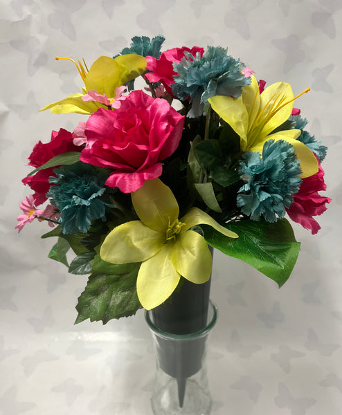 Artificial Cemetery Vase -Yellow, Hot Pink, Turquoise and Soft Pink