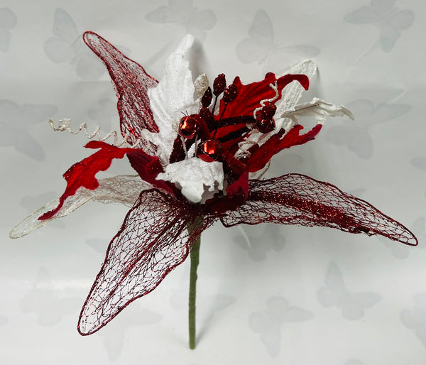 Red/ White Velvet Poinsettia Pick