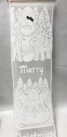 Santa & Friends With Holly -Lace Wall Hanging -White