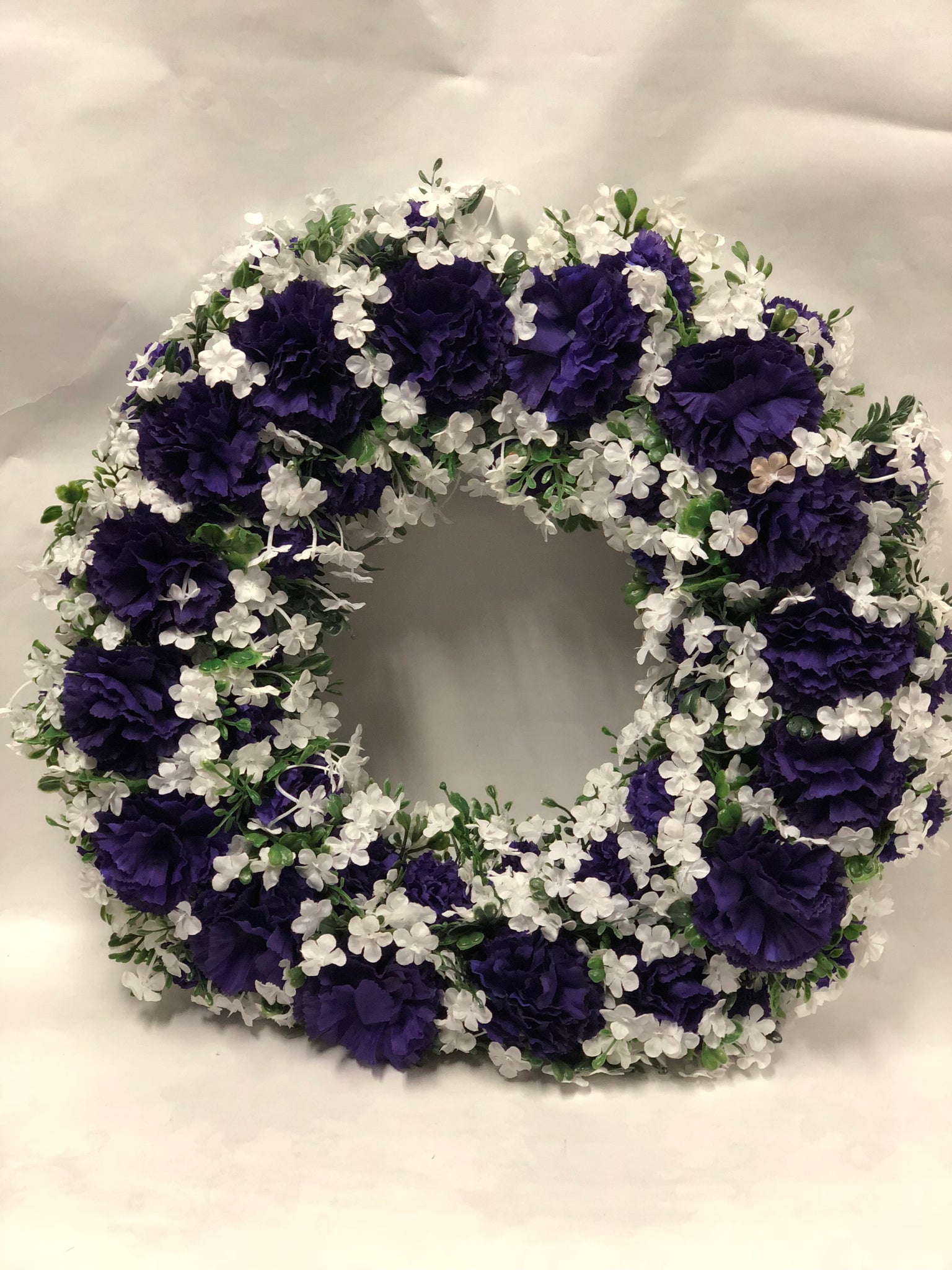 Artificial Memorial / Cemetery Wreath -Dark Purple and White
