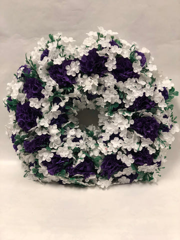 Artificial Memorial / Cemetery Wreath -Dark Purple and White -Small