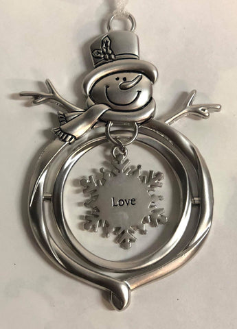 Snowman tree ornament with hanging snowflake charm "Love"