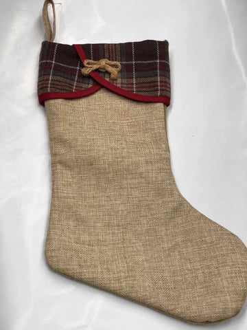 Natural burlap stocking with plaid trim