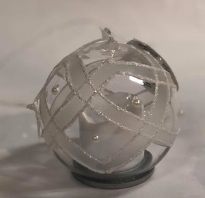 Glass Ornament with white candle -criss-cross pattern
